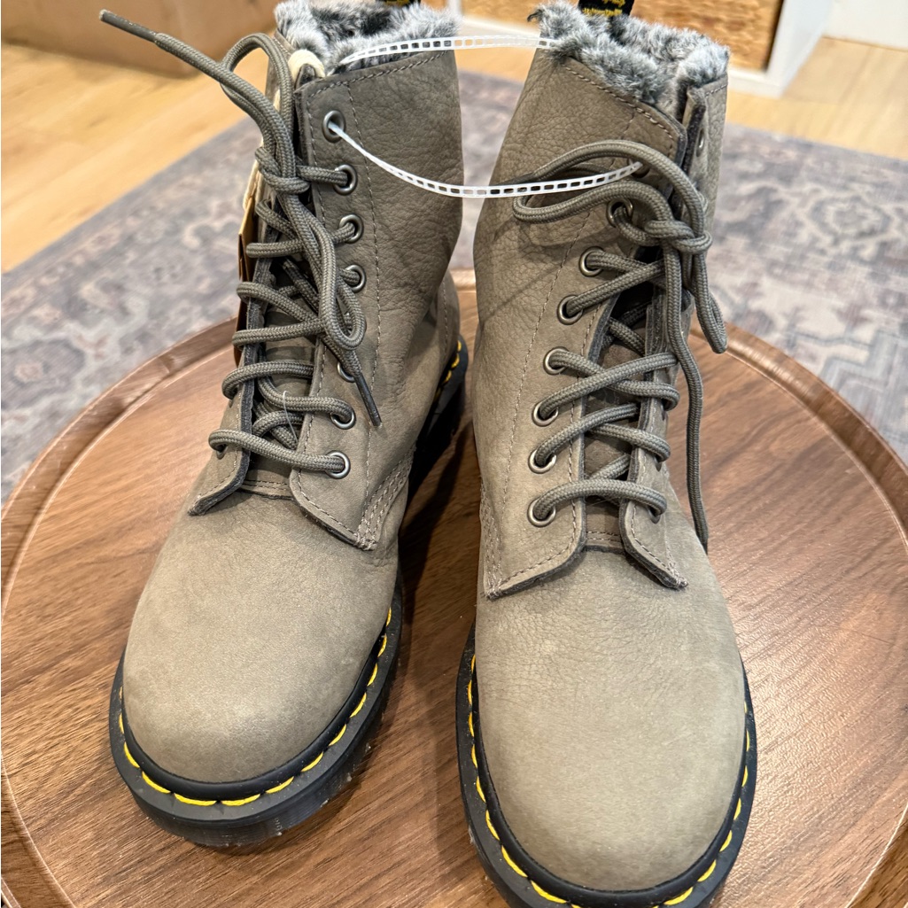 Dr. Martens Taupe Lace-Up Boots With Yellow Stitching